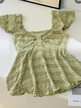Casual Square-Neck Ruffle Knit Top - Sage Green